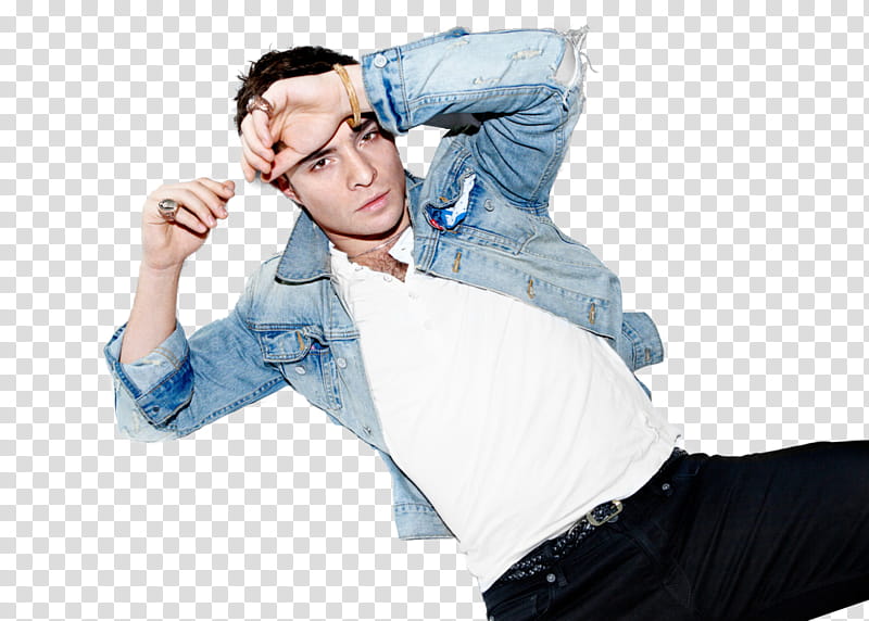 Ed Westwick, man in white top and blue denim jacket transparent background PNG clipart