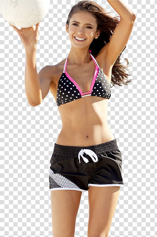 Nina Dobrev, woman in black and white polka-dot bikini top with white volleyball transparent background PNG clipart