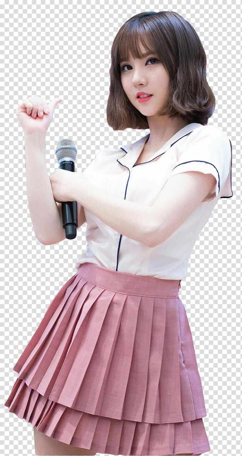 Eunha Gfriend, woman wearing white shirt and pink skirt holding microphone transparent background PNG clipart