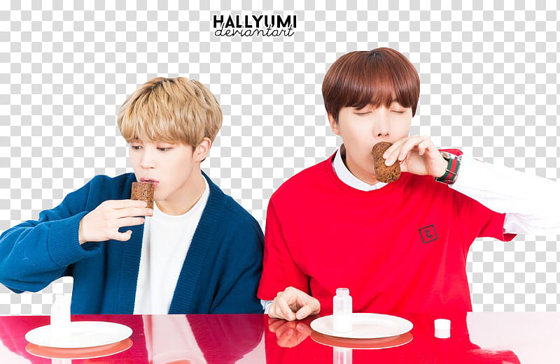 J Hope and Jimin, two men eating transparent background PNG clipart
