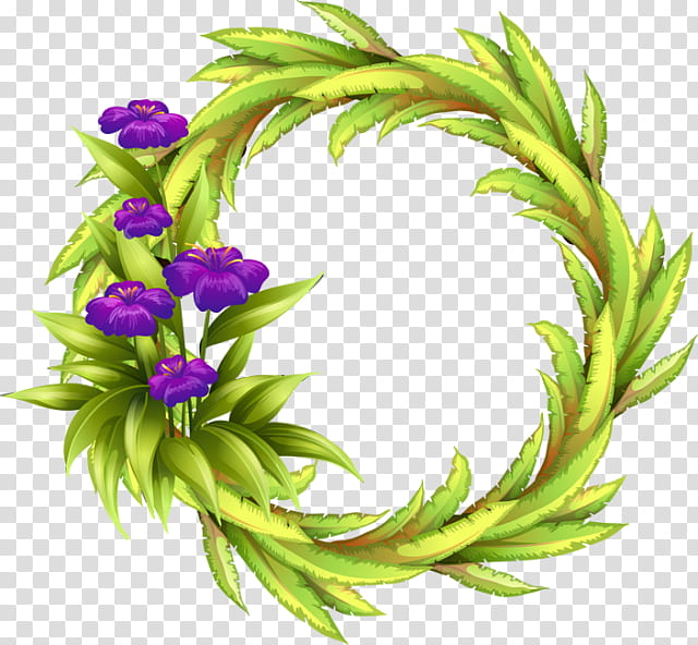 Tropical , green and purple flower wreath illustration transparent background PNG clipart