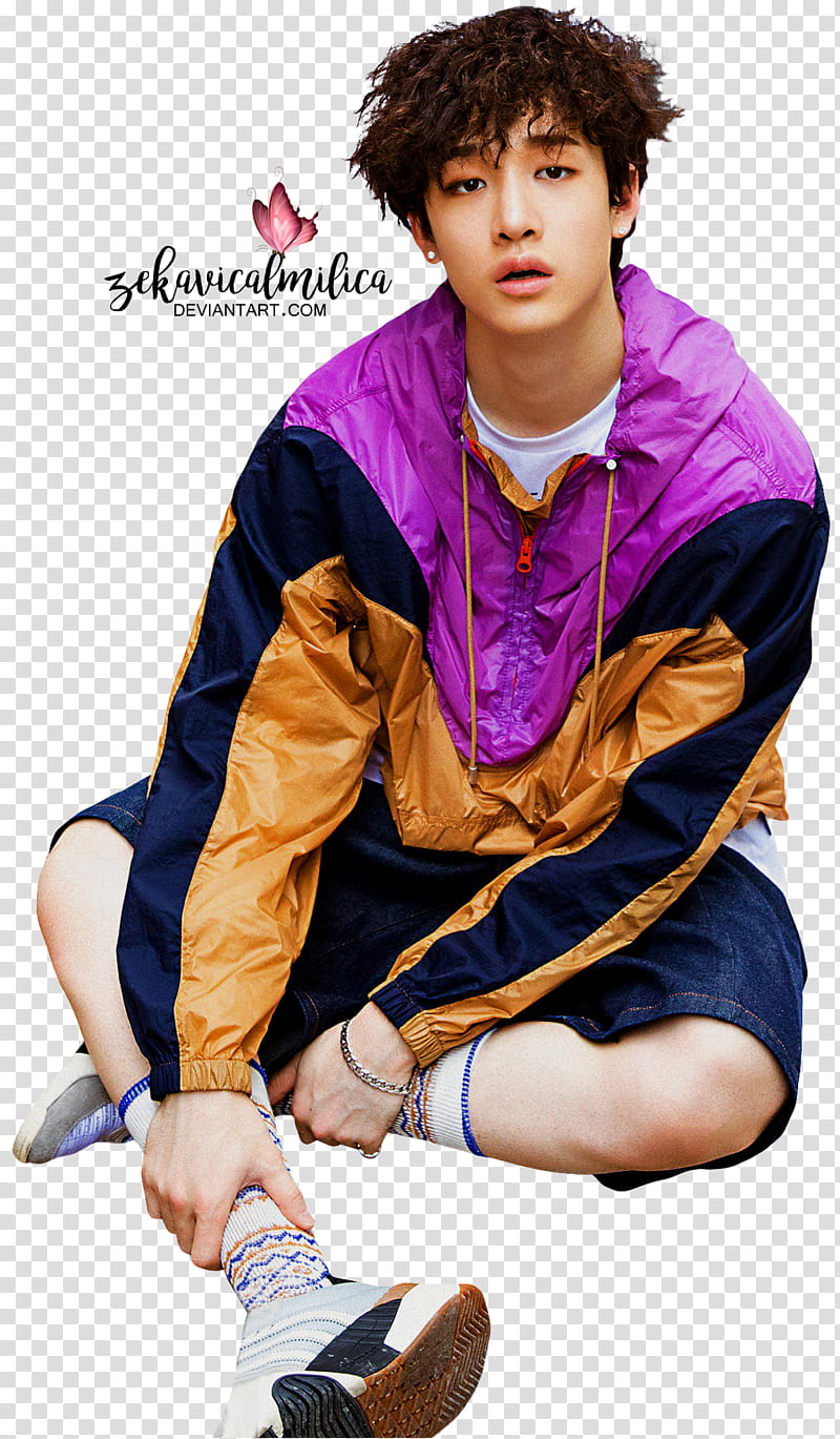 Stray Kids I am WHO, sitting man wearing blue, purple, and orange jacket transparent background PNG clipart