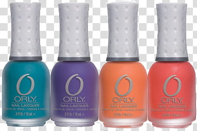 Nail Polish, four assorted-color Orly nail polish bottles transparent background PNG clipart