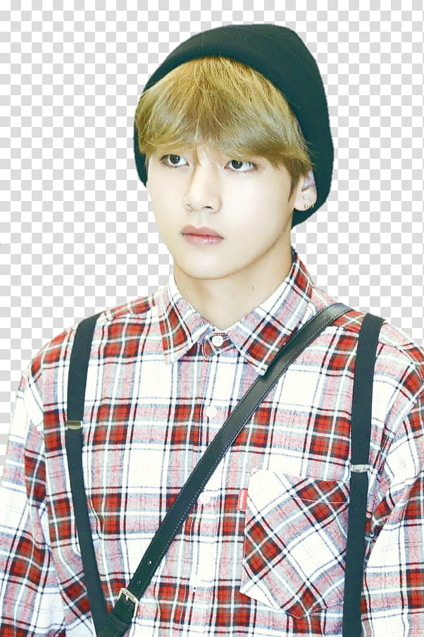 Taehyung Airport, man wearing red-and-white plaid dress shirt with suspender belts and black knit cap transparent background PNG clipart