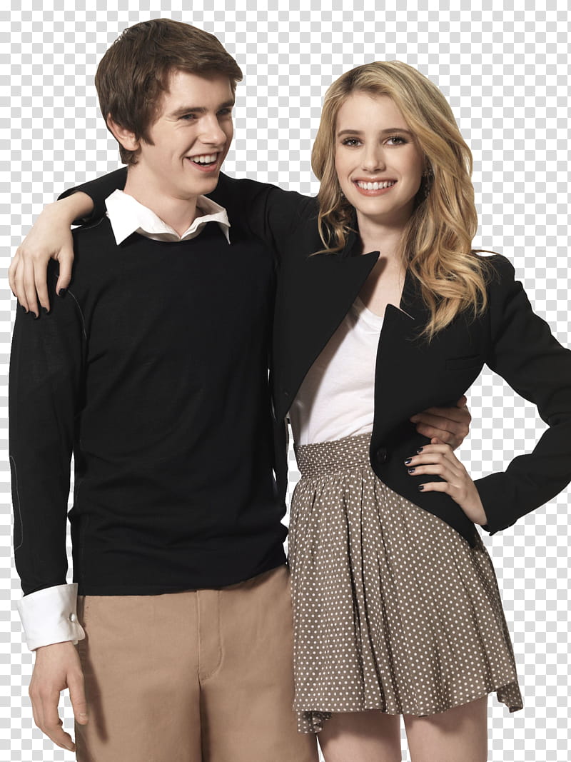 Freddie Highmore y Emma Roberts, man and woman standing and hugging transparent background PNG clipart