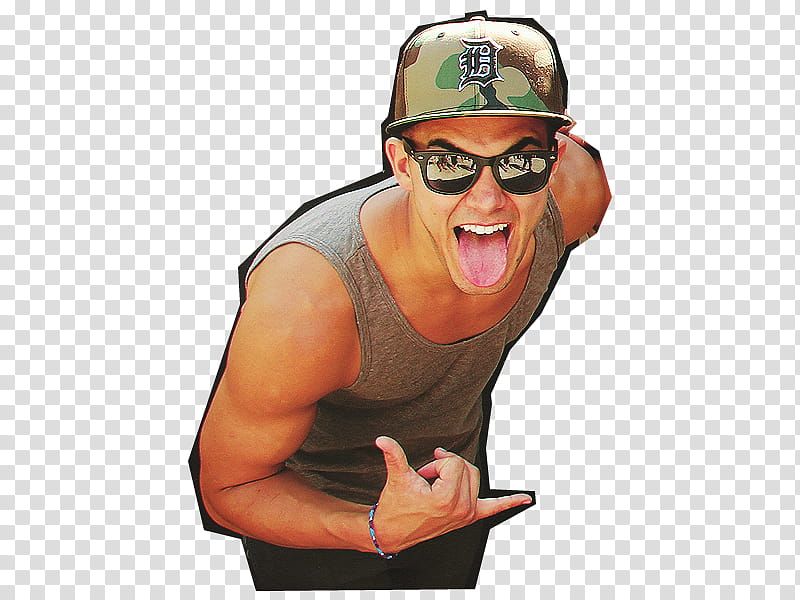 man in camouflage cap, black sunglasses, and gray sleeveless shirt transparent background PNG clipart