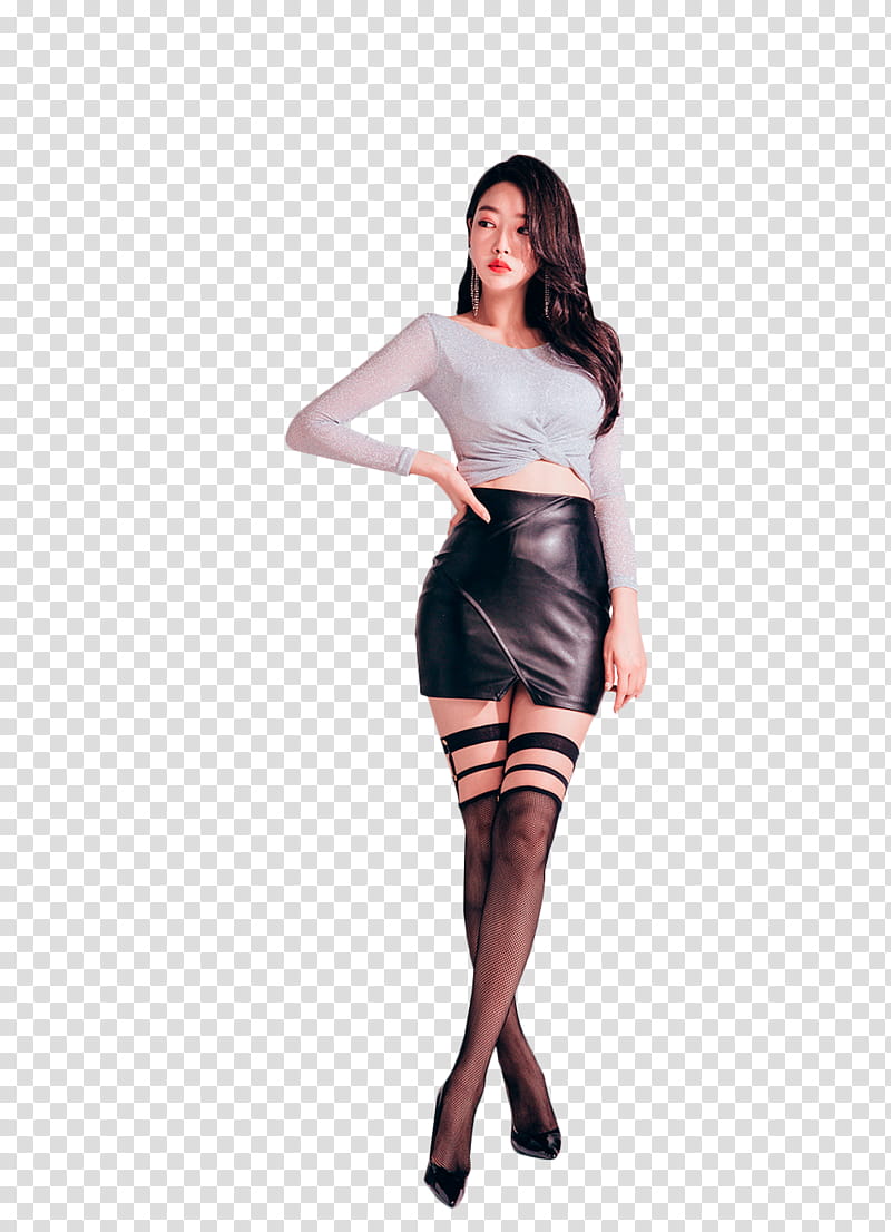 PARK JUNG YOON, woman wearing black leather mini skirt holding waist transparent background PNG clipart