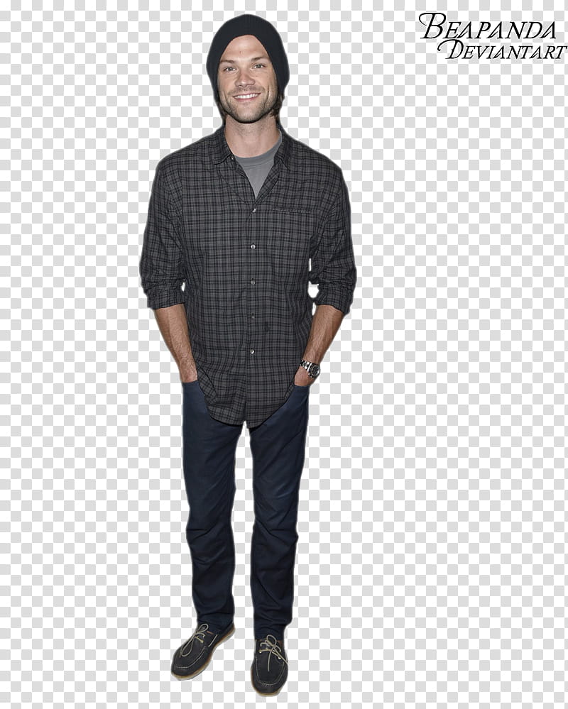 Jared Padalecki, man looking at camera while smiling with text overlay transparent background PNG clipart