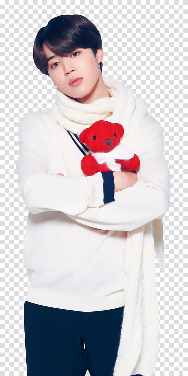 BTS BTS X LG MERRY CHRISTMAS, man hugging red teddy bear transparent background PNG clipart