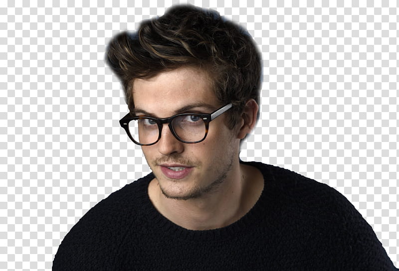 Daniel Sharman, man in black crew neck shirt and black framed eyeglasses transparent background PNG clipart