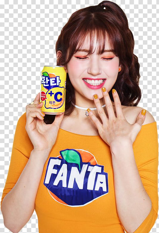 Somi FANTA, woman holding yellow and orange labeled can transparent background PNG clipart
