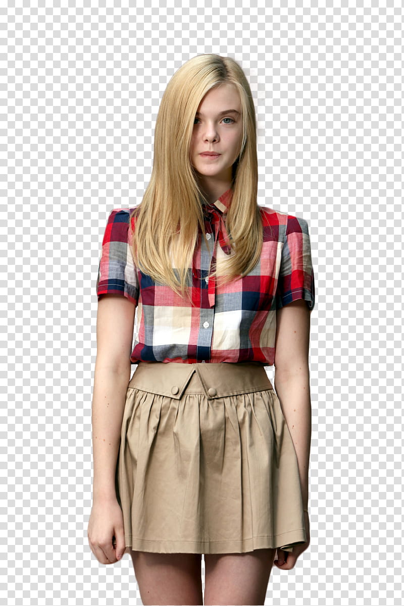 Elle Fanning, woman wearing red, gray, and blue plaid button-up shirt and mini skirt transparent background PNG clipart