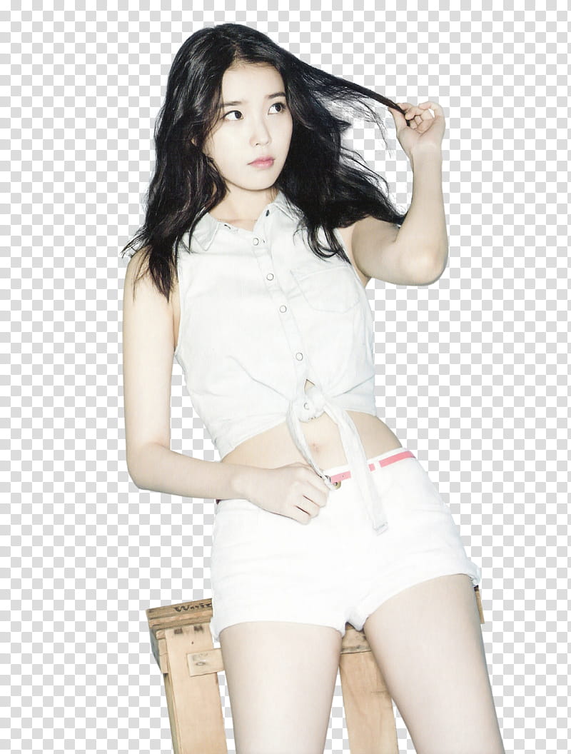IU, woman wearing white sleeveless crop top transparent background PNG clipart
