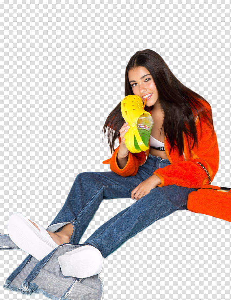 Madison Beer, woman wearing red jacket and blue denim jeans transparent background PNG clipart