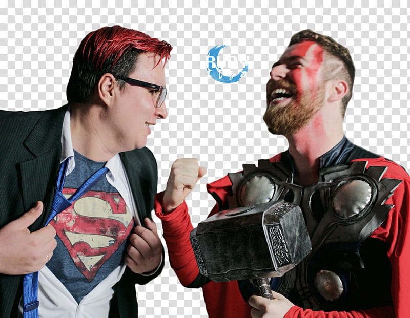 Luba Tv, men wearing Superman and Thor costumes transparent background PNG clipart