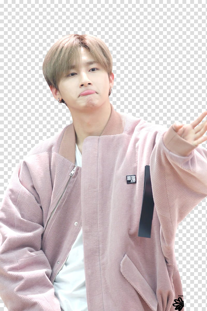 I M MONSTA X , man in pink jacket standing while showing his hands transparent background PNG clipart