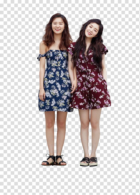 Red Velvet IRENE n SEULGI HIGH CUT part P, two women wearing blue and red floral dresses transparent background PNG clipart