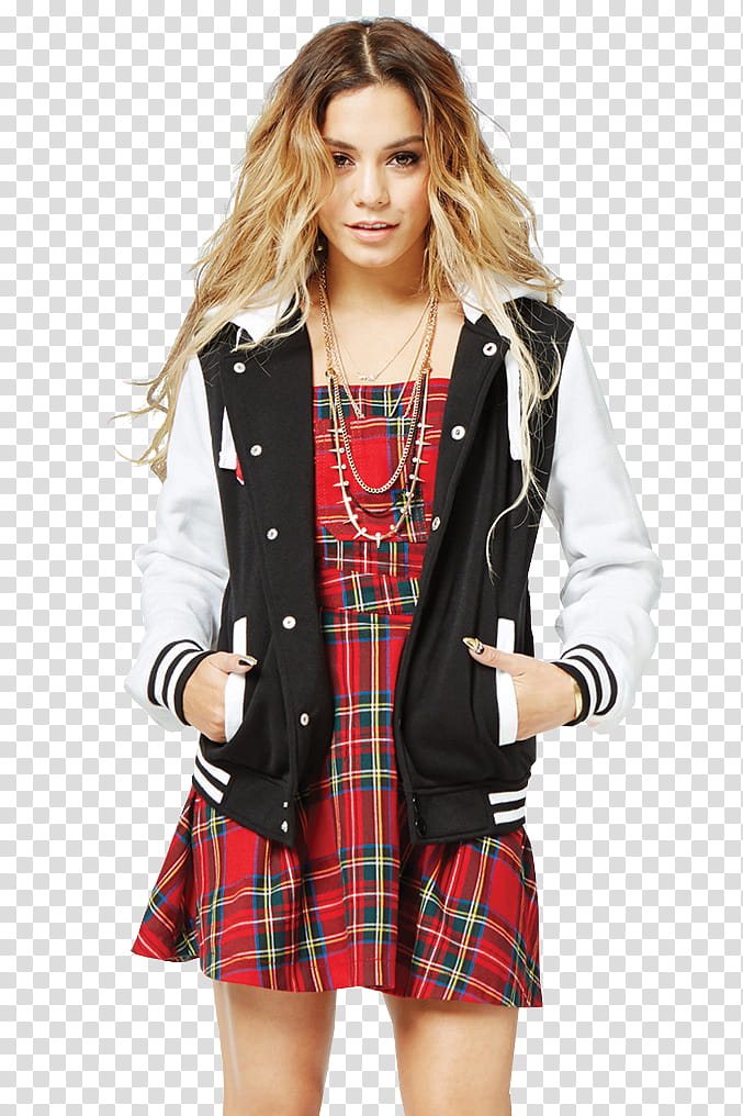 Vanessa Hudgens, woman wearing white and black letterman jacket transparent background PNG clipart