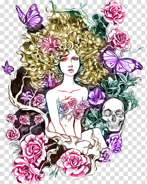 Colored Sketches , painting of woman with flowers transparent background PNG clipart