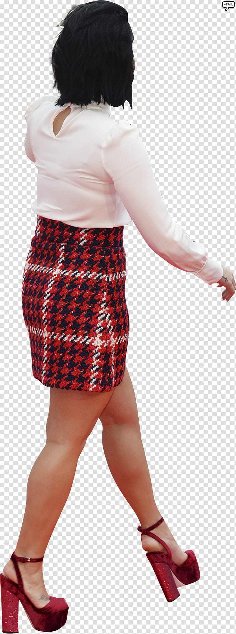 Demi Lovato , woman wearing white long-sleeved blouse and and houndstooth pencil skirt walking transparent background PNG clipart