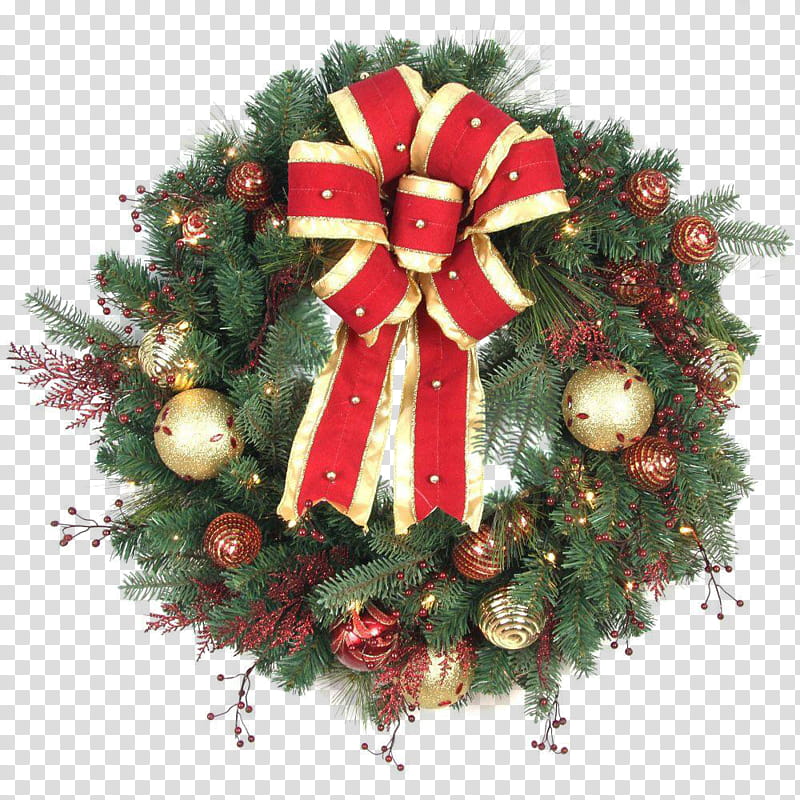 Xmas  Watchers, green, gold, and red bauble wreath transparent background PNG clipart