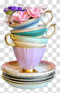 Vintage, flowers on top of teacups and saucers transparent background PNG clipart