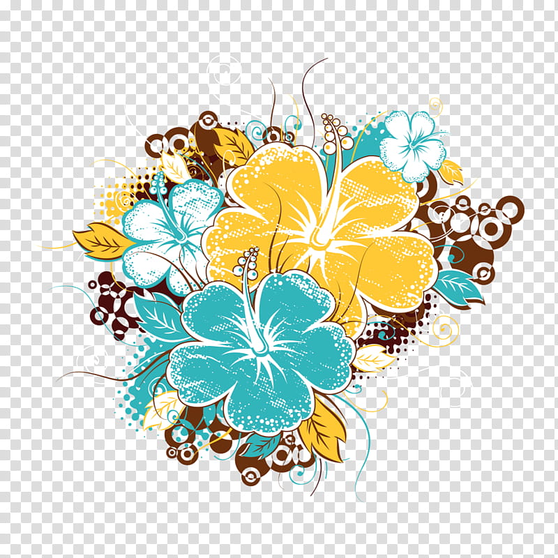 Floral Flower, Floral Design, Ornament, Visual Arts, Creativity, Yellow, Hawaiian Hibiscus, Turquoise transparent background PNG clipart