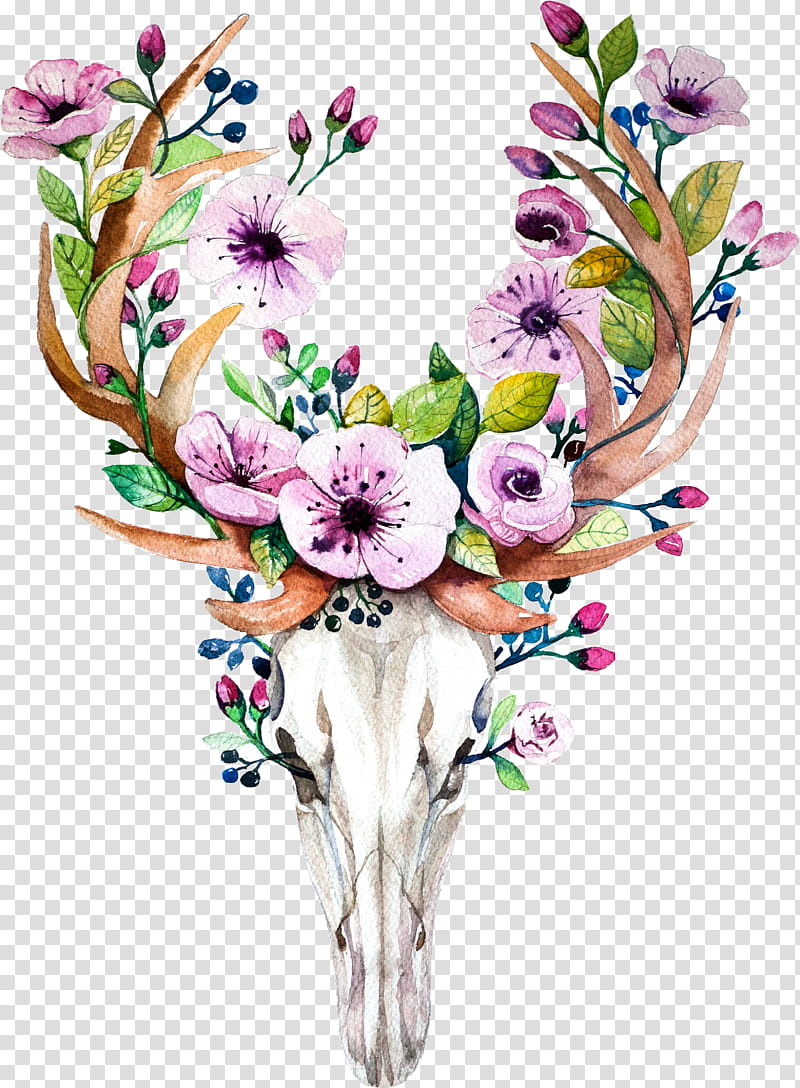 Watercolor Floral, Deer, Skull, Watercolor Painting, Flower, Antler, Printmaking, Horn transparent background PNG clipart