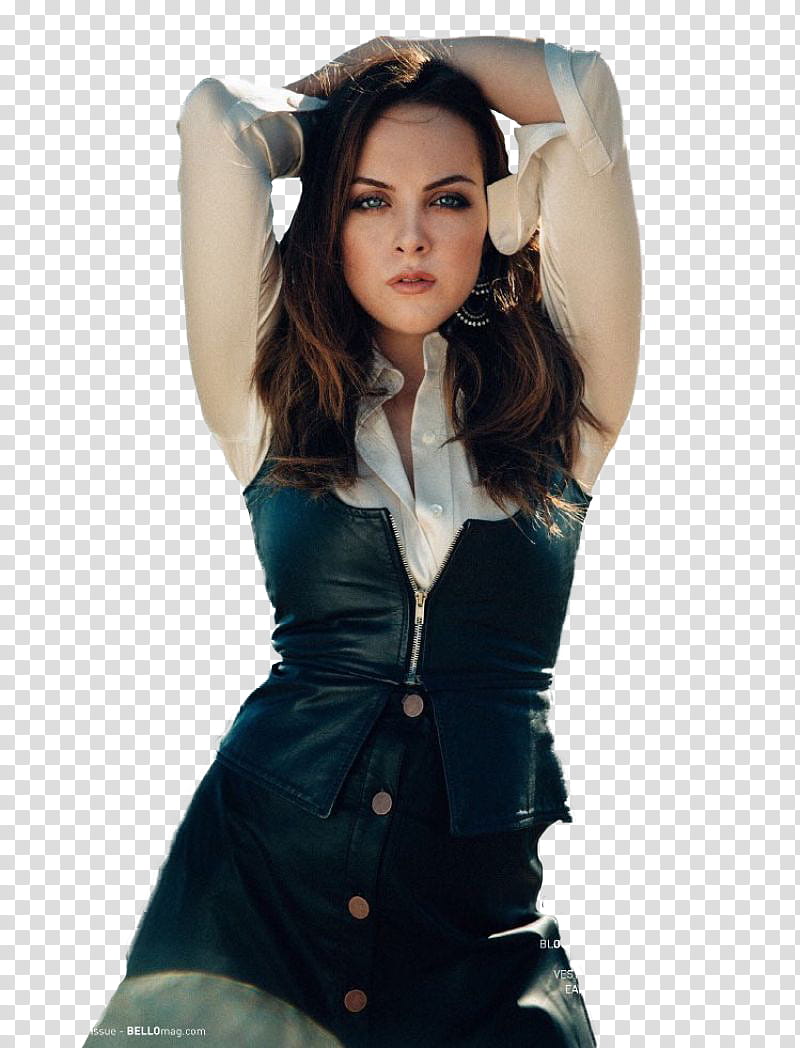 Elizabeth Gillies , woman wearing black vest with two hand behind head transparent background PNG clipart