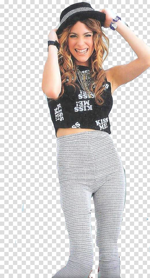Tini Stoessel, woman wearing black and white top and gray pants transparent background PNG clipart