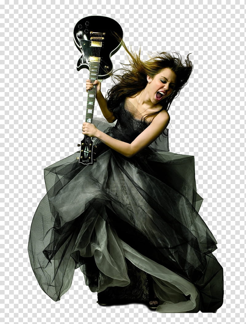Awesome Artist s, Miley Cyrus holding black single cutaway electric guitar transparent background PNG clipart
