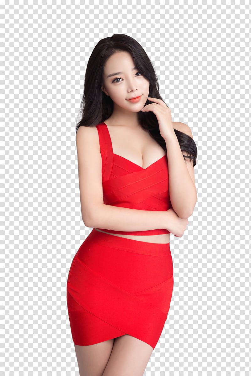HAN JI YEON, woman wearing red sleeveless bodycon dress transparent background PNG clipart