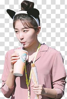 Kang Seulgi Red Velvet, woman sipping on cup while holding transparent background PNG clipart