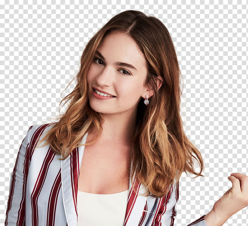 Lily James, women's red and white pinstriped coat transparent background PNG clipart