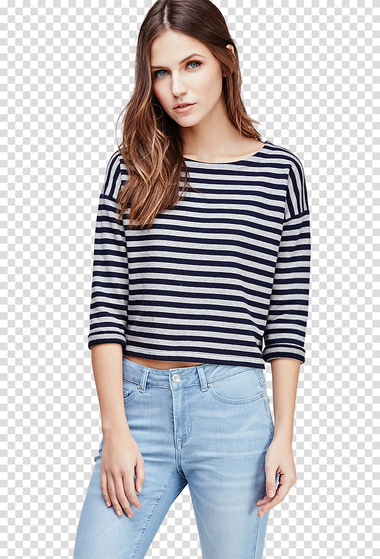 model , woman wearing black and white striped elbow-sleeved shirt transparent background PNG clipart