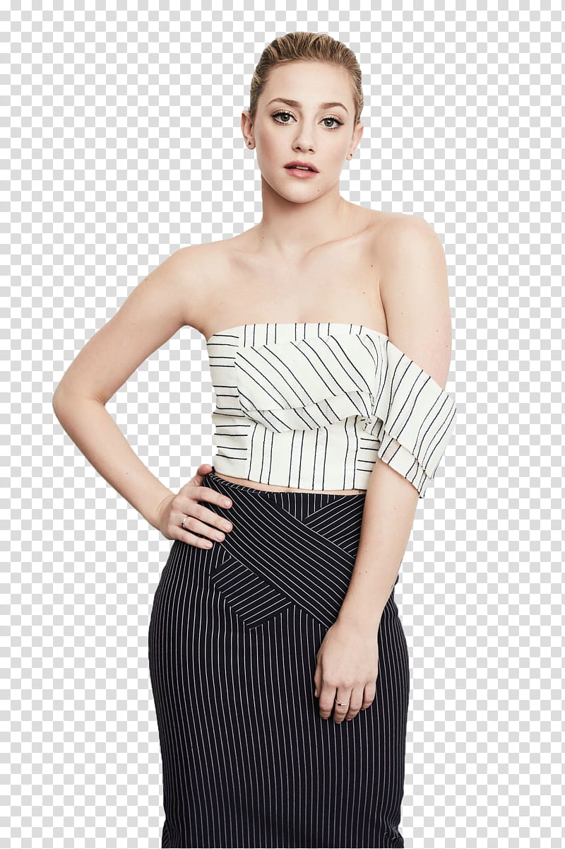 LILI REINHART, woman in black and white pinstriped skirt stands and holds waist transparent background PNG clipart