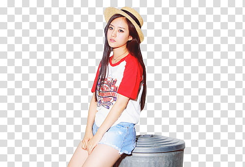 Ulzzang Girl, woman wearing white and red t-shirt with blue denim daisy dukes and straw hat transparent background PNG clipart