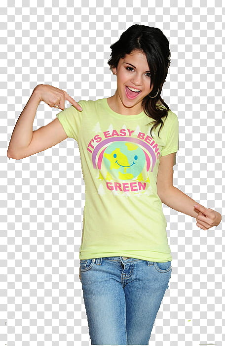 Selena Gomez, smiling woman in yellow crew neck t-shirt and blue denim jeans transparent background PNG clipart