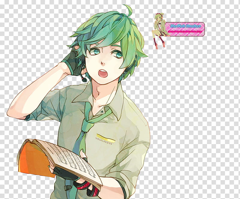 Renders VOCALOID, male green haired anime character transparent background PNG clipart