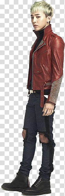 All my GD s, standing BigBang G-Dragon wearing brown leather jacket and black pants outfit transparent background PNG clipart