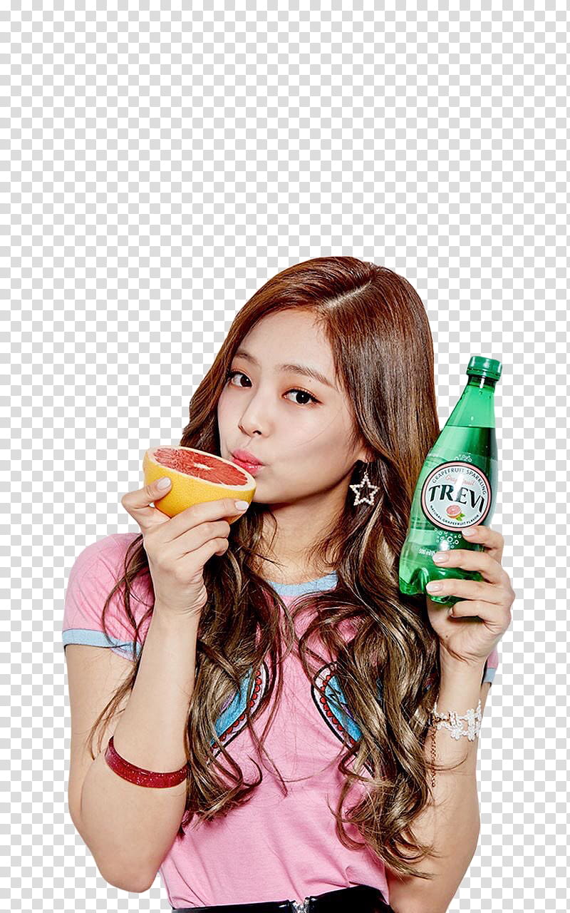 BLACKPINK, woman holding Trem bottle and orange fruit transparent background PNG clipart