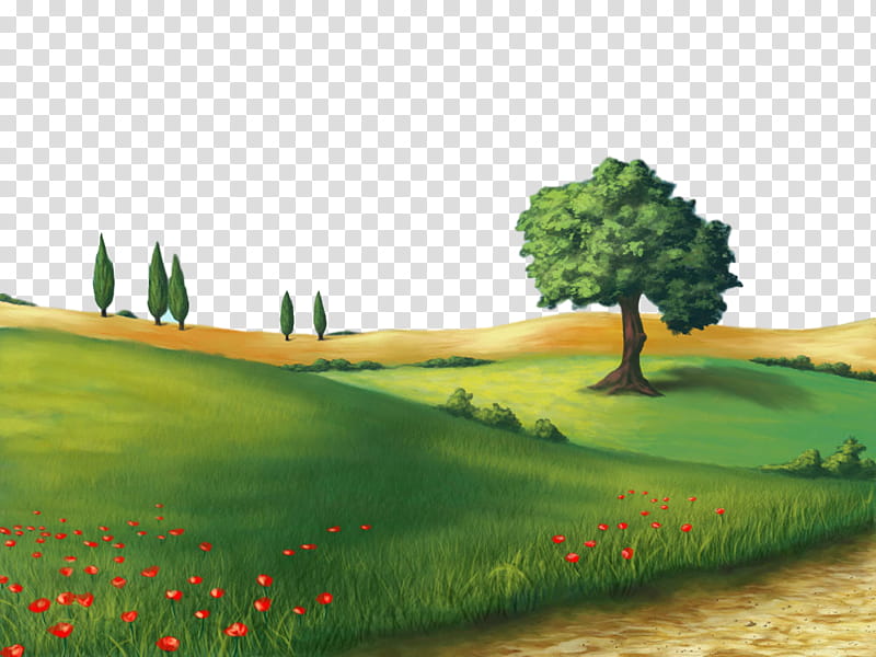 natural landscape nature grassland green natural environment, Field, Meadow, Tree, Hill transparent background PNG clipart