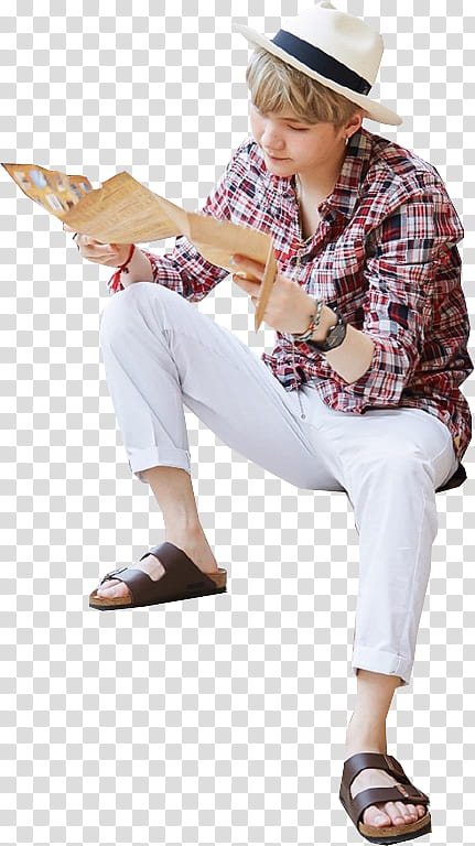 JIMIN SUGA BTS SUMMER, man sitting on brown stair while reading brown paper transparent background PNG clipart