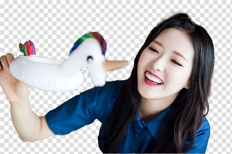 Olivia Hye, smiling woman holding white unicorn float toy transparent background PNG clipart