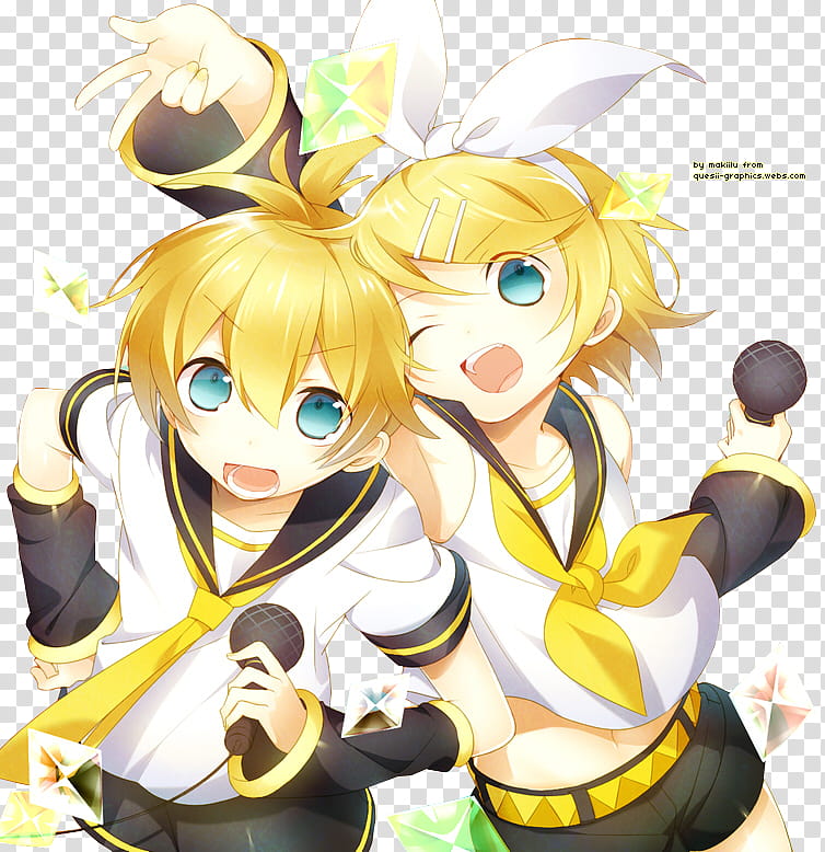 Vocaloid Rin y Len, two yellow haired female anime characters holding microphones illustration transparent background PNG clipart