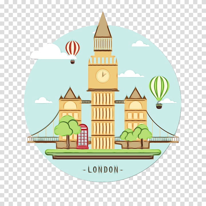 green landmark cartoon steeple tower, Watercolor, Paint, Wet Ink, Clock Tower, Castle transparent background PNG clipart