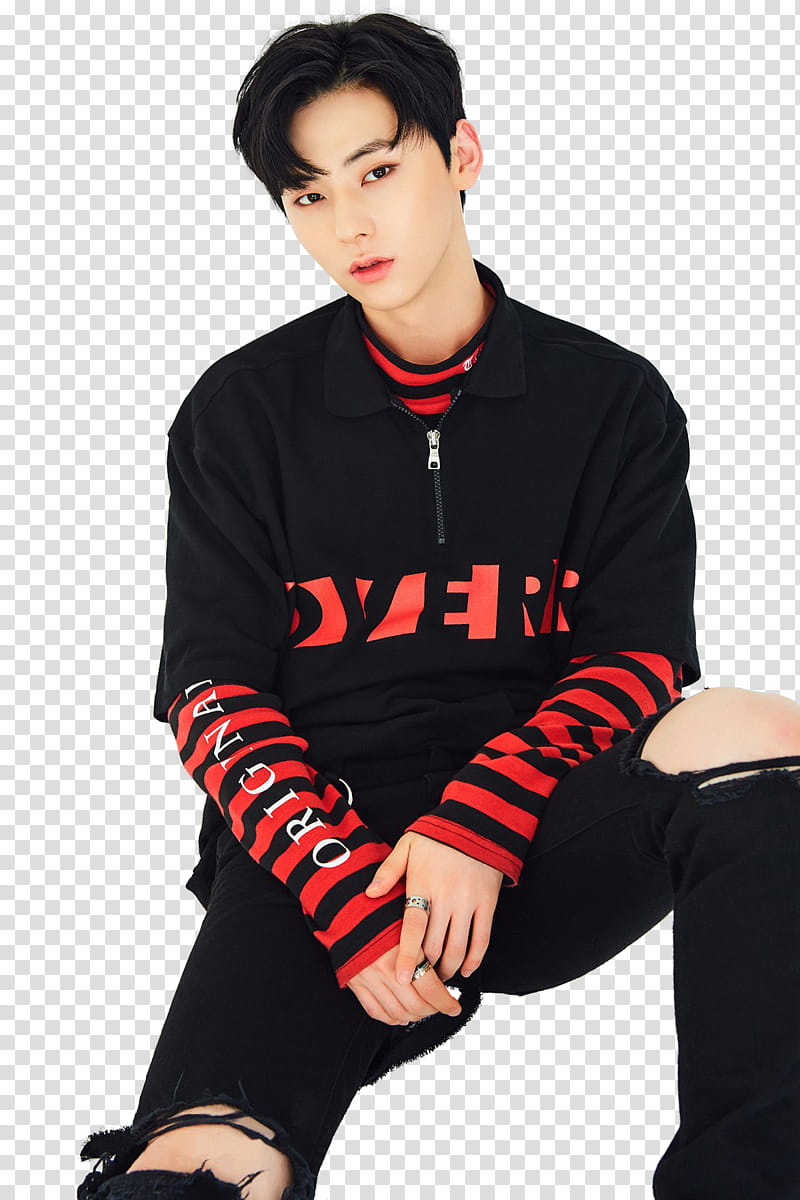 Wanna One SKY VER P, man wearing black and red zip-up jacket transparent background PNG clipart