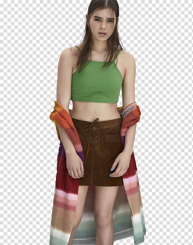 Hailee Steinfeld, woman wearing green spaghetti strap crop top and brown miniskirt transparent background PNG clipart