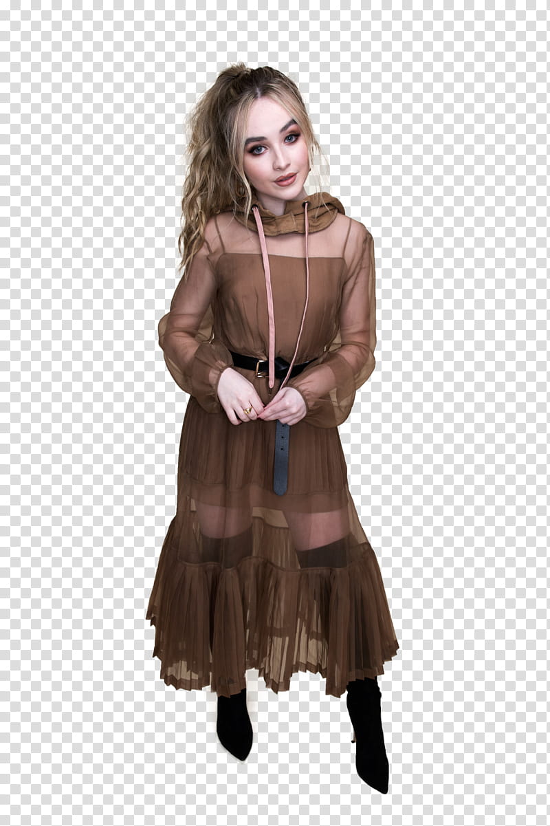 Sabrina Carpenter, woman wearing brown sheer long-sleeved maxi dress transparent background PNG clipart