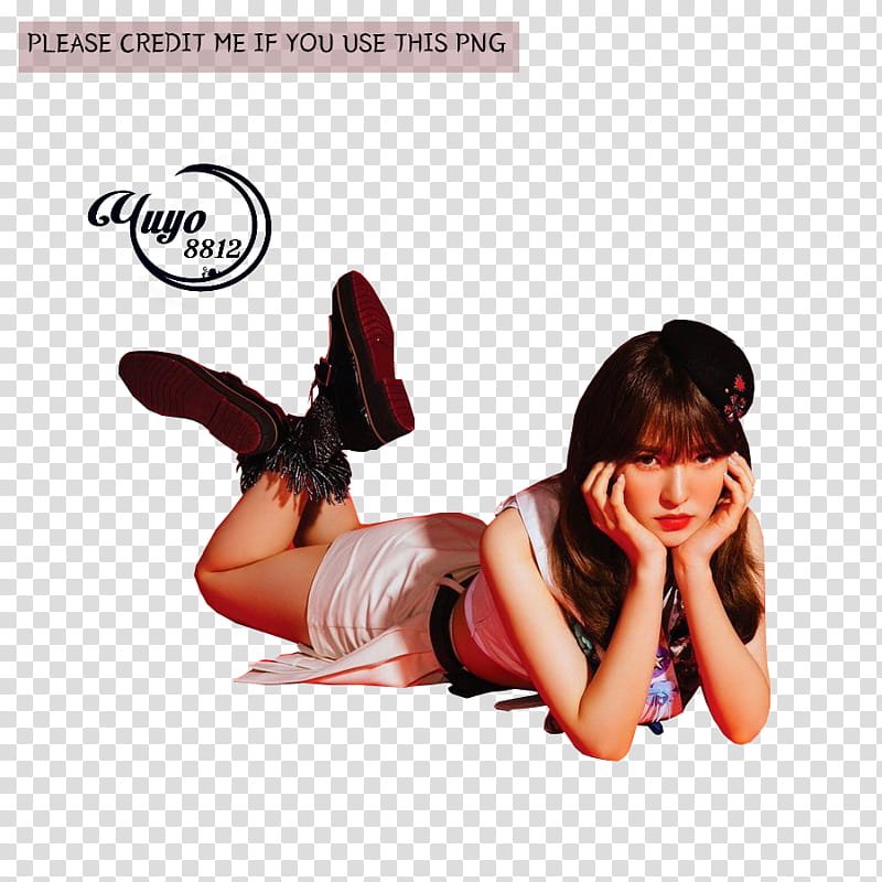 RED VELVET POWER UP, woman lying on surface while head resting on hands transparent background PNG clipart